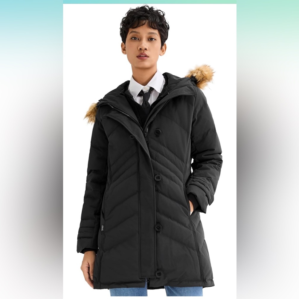 NWT Orolay Women's Hooded Slim Puffer Jacket Mid Lngth Winter Down Coat Sz LG